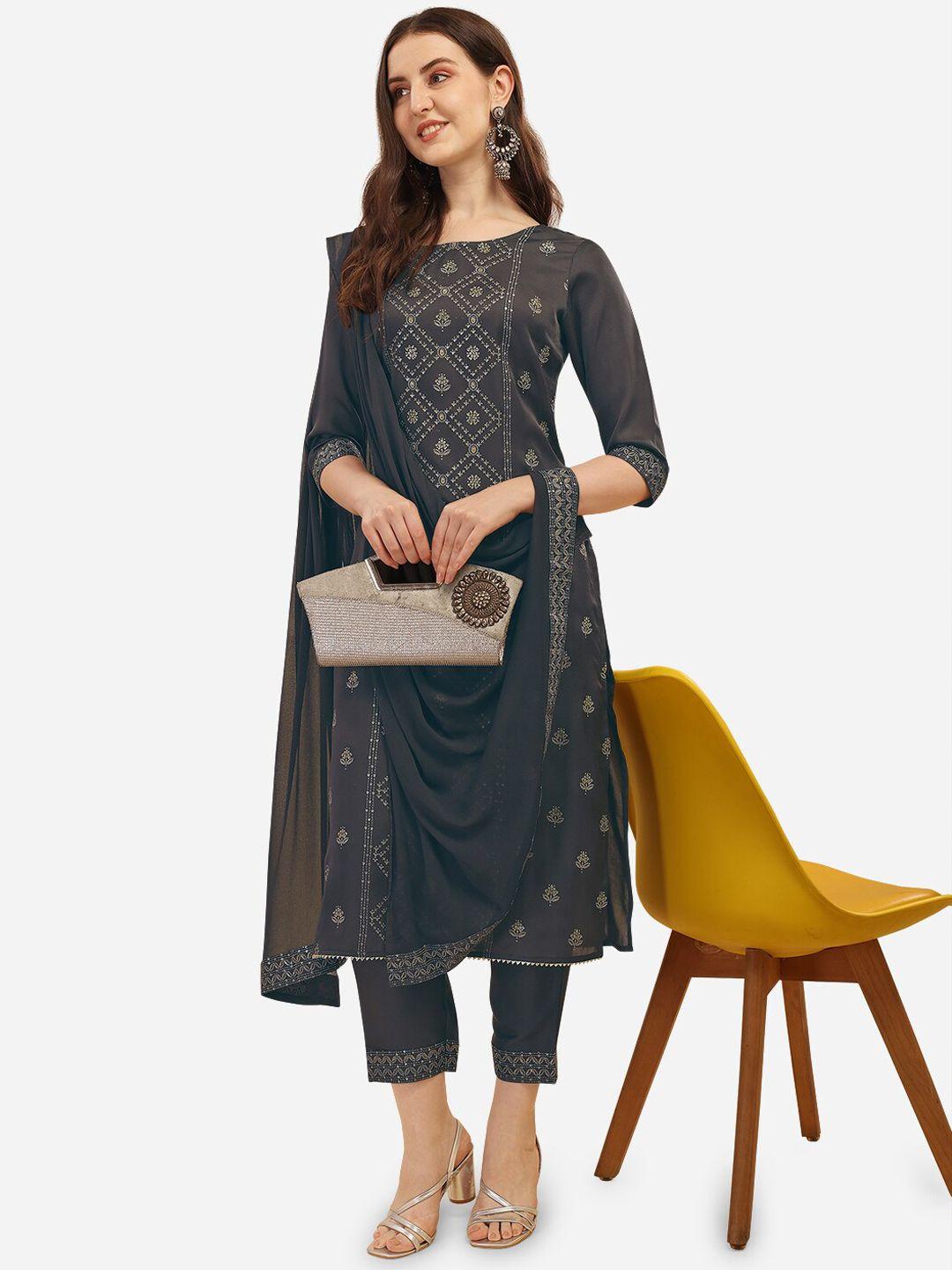 berrylicious women grey printed pure silk kurta with trousers & dupatta