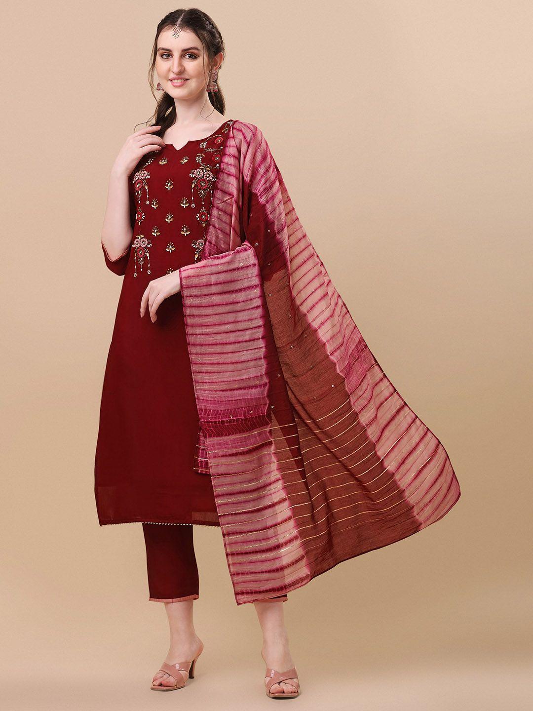 berrylicious women maroon floral embroidered thread work chanderi cotton kurta with trousers & with dupatta