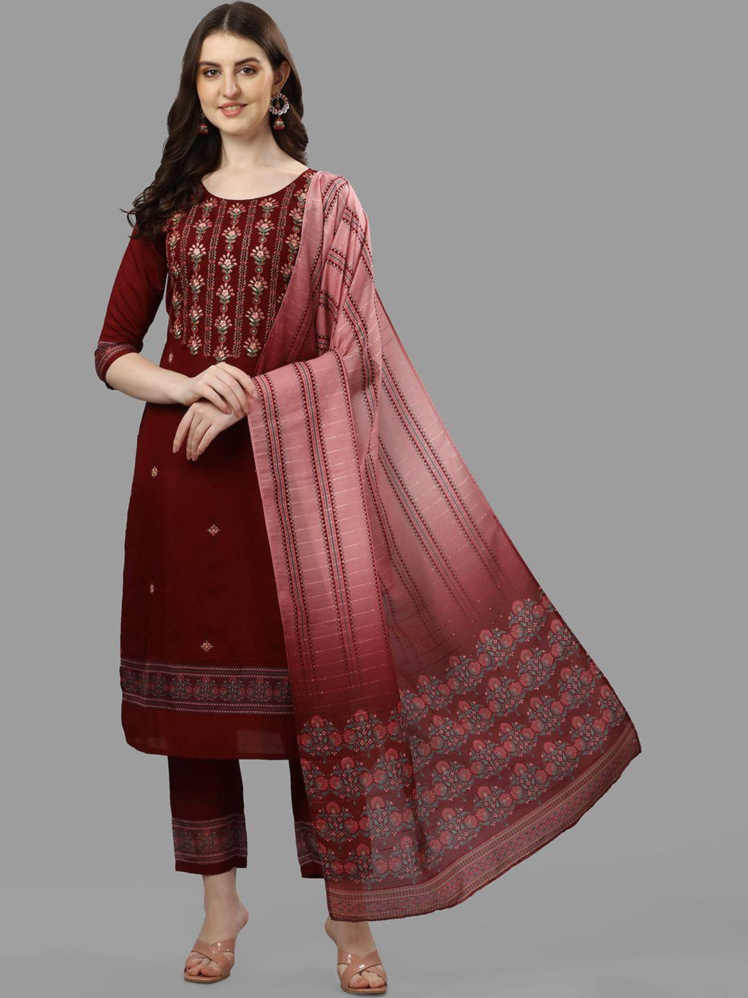 berrylicious women maroon floral embroidered thread work kurta with trousers & with dupatta