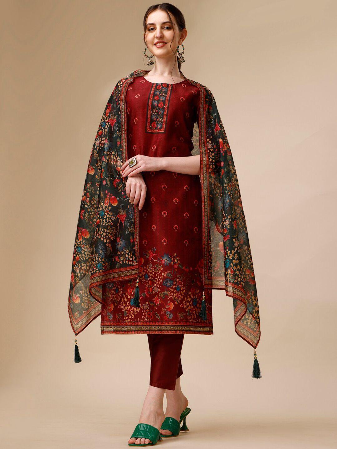 berrylicious women maroon floral printed regular chanderi cotton kurta with trousers & with dupatta