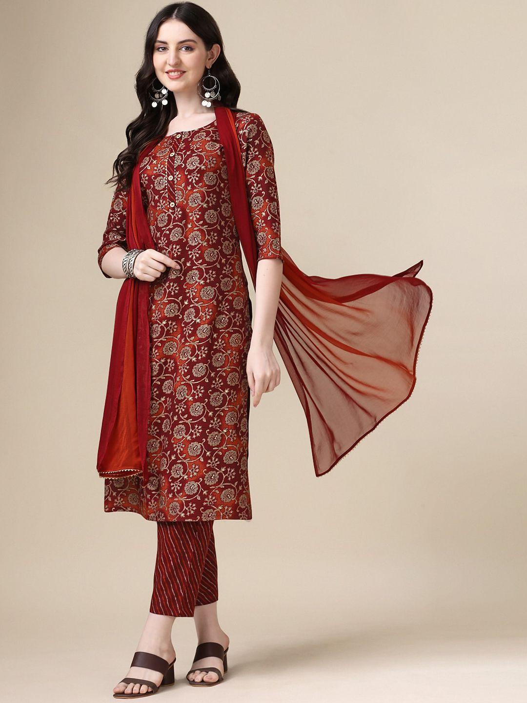 berrylicious women maroon floral printed regular kurta with trousers & with dupatta