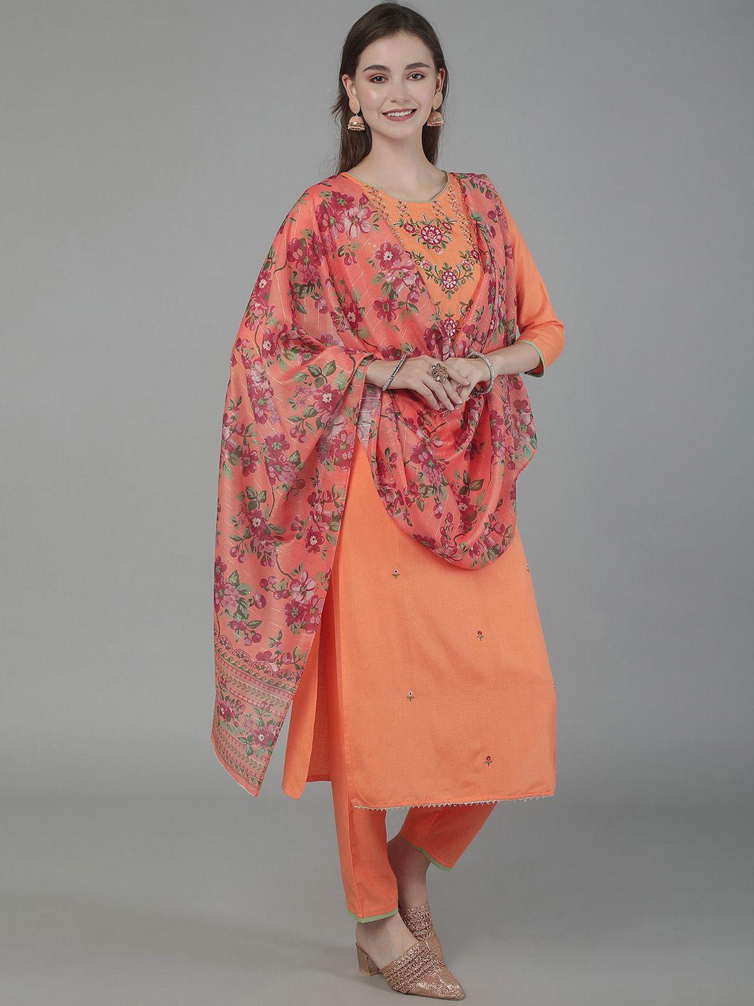 berrylicious women orange floral embroidered kurta with trousers & dupatta