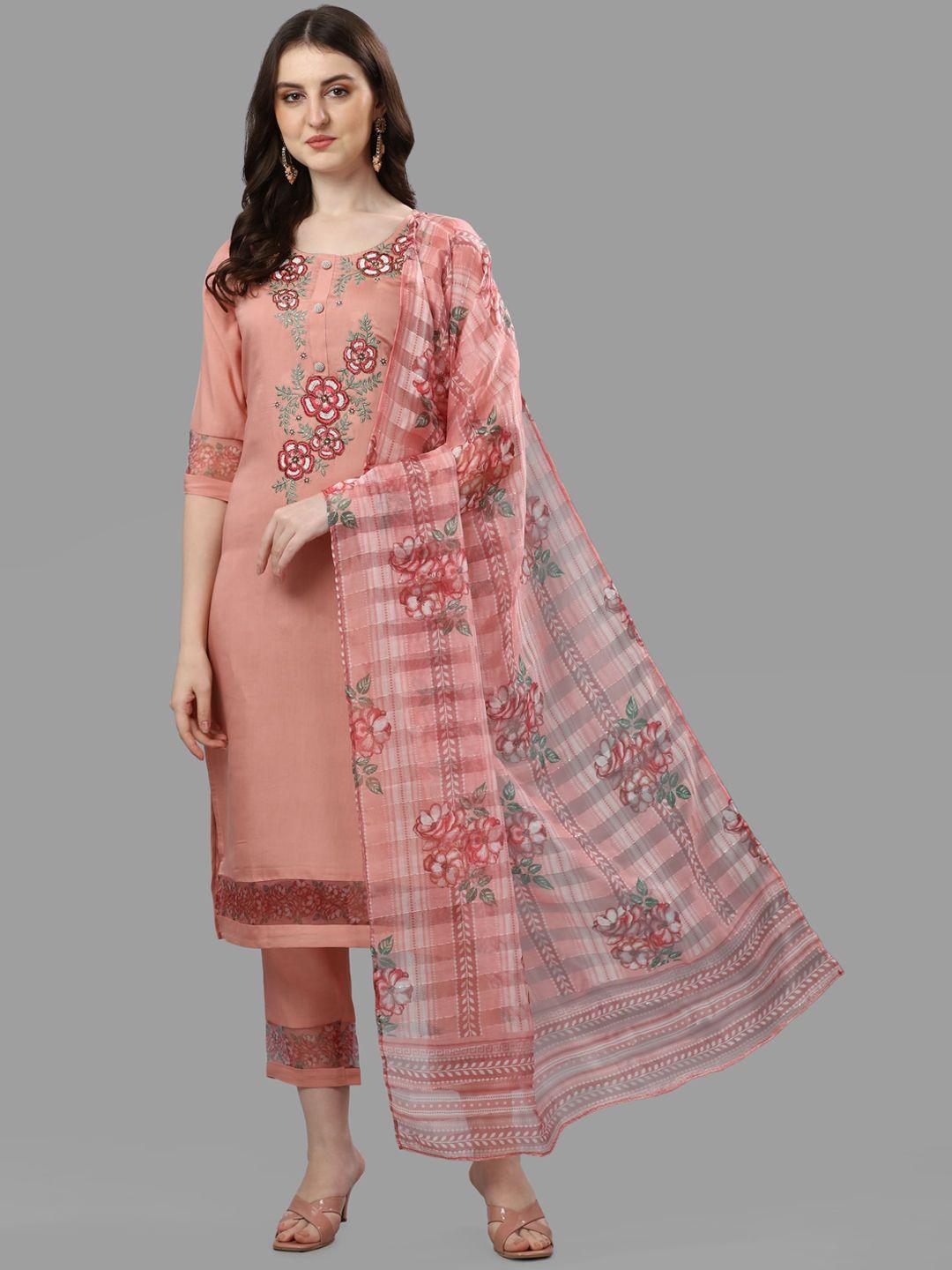 berrylicious women peach-coloured embroidered chanderi cotton kurta with trousers