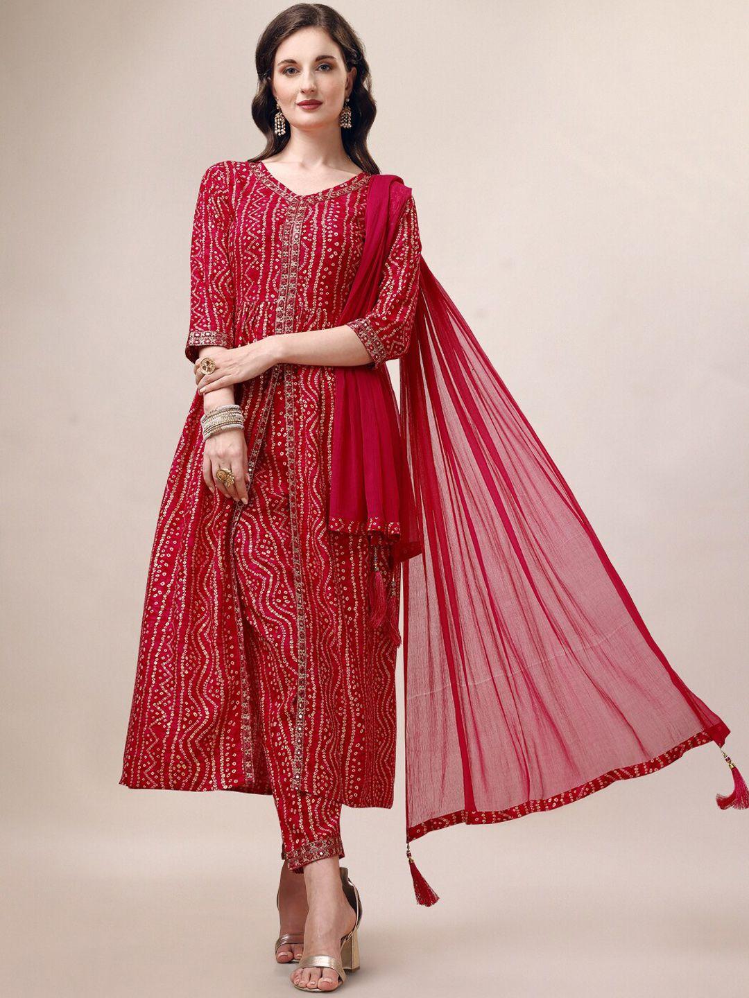 berrylicious women pink bandhani printed high slit thread work kurta with trousers & with dupatta