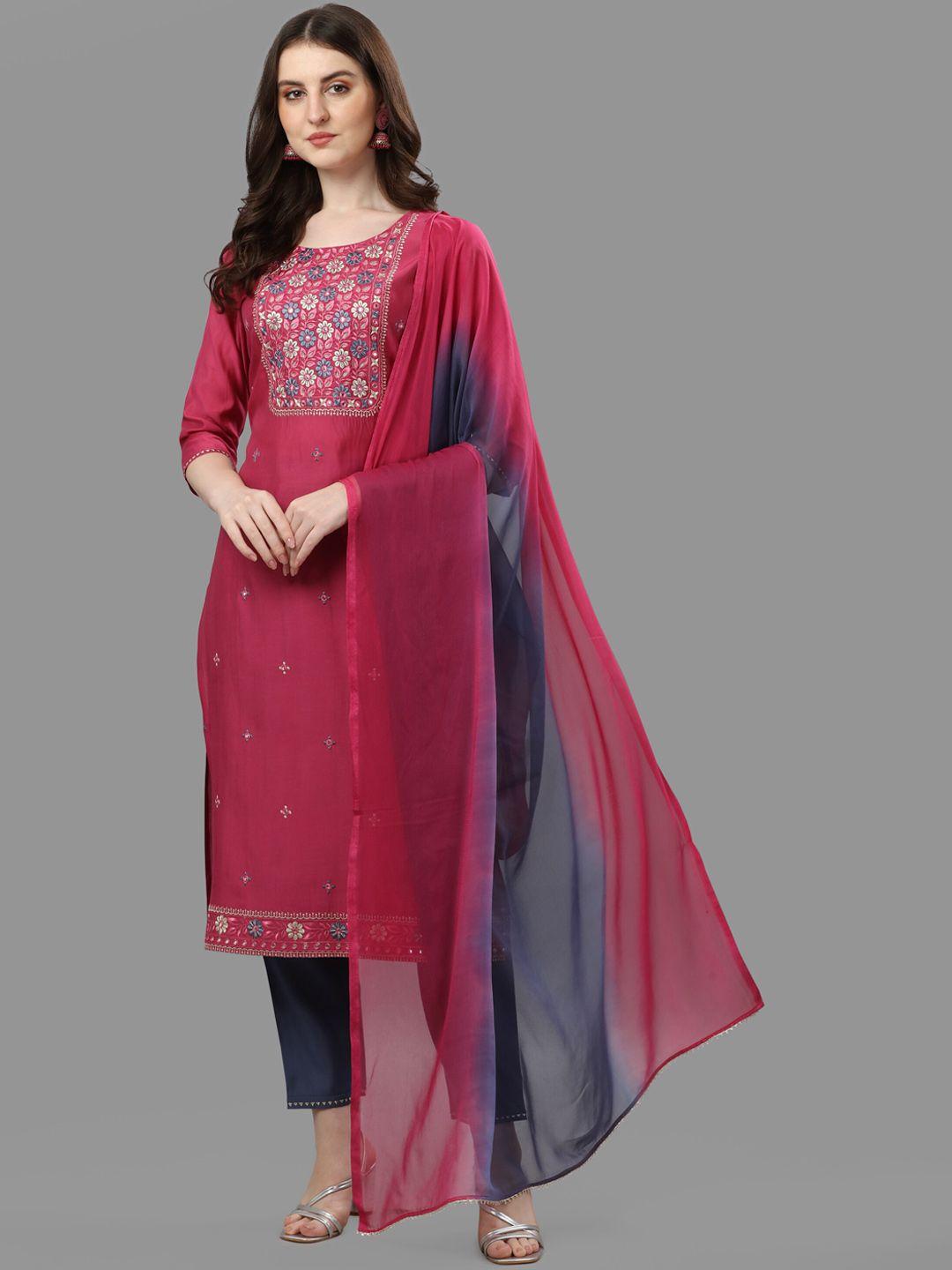 berrylicious women pink embroidered chanderi cotton kurta with trousers & with dupatta