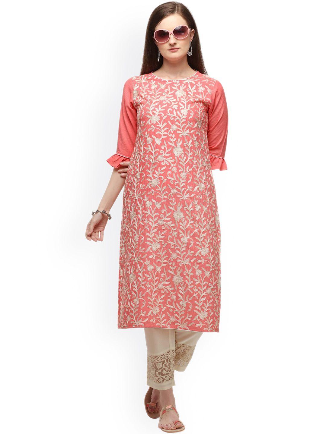 berrylicious women pink embroidered thread work kurta with trousers