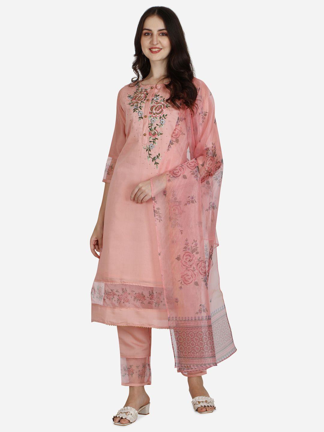 berrylicious women pink floral embroidered chanderi cotton kurta with trousers & dupatta