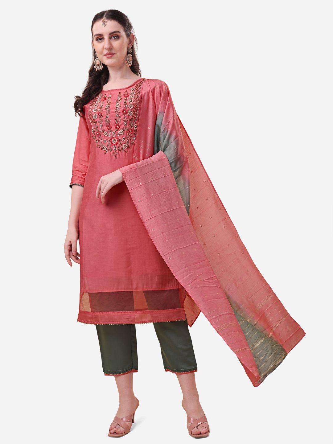 berrylicious women pink floral embroidered thread work chanderi cotton kurta set