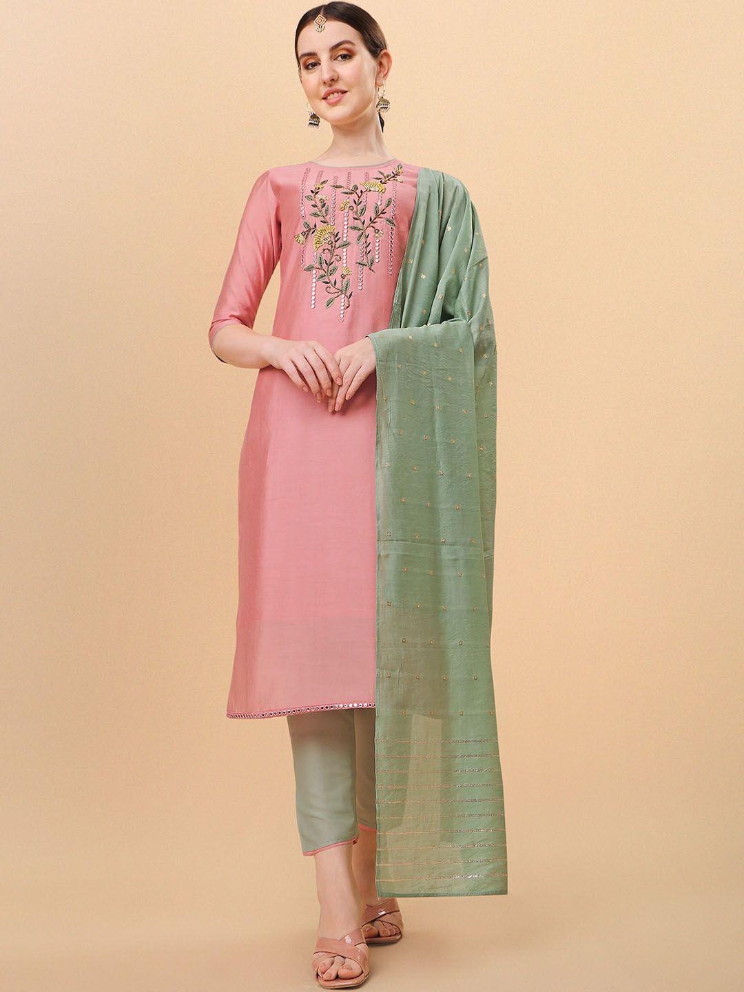 berrylicious women pink floral embroidered thread work chanderi cotton kurta with trousers & with dupatta