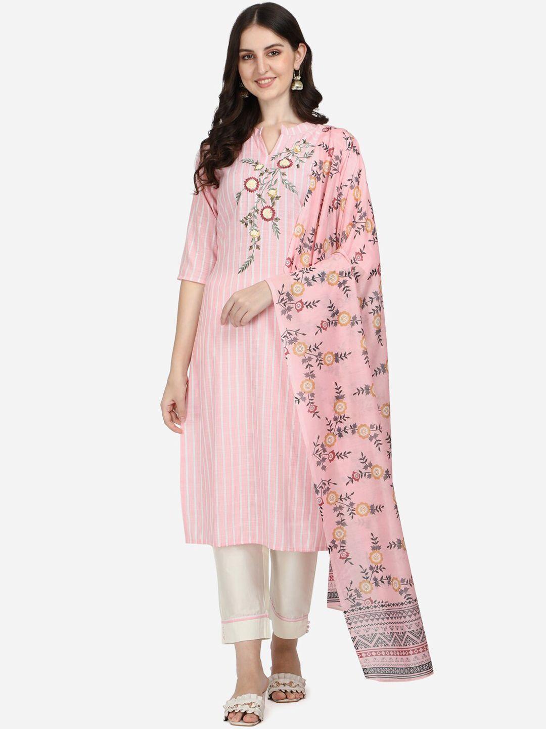 berrylicious women pink floral embroidered thread work pure cotton kurta with trousers & with dupatta