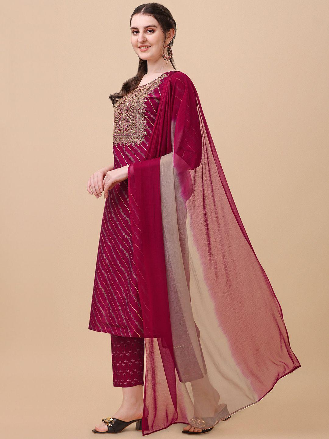 berrylicious women pink leheriya embroidered chanderi cotton kurta with trousers & dupatta
