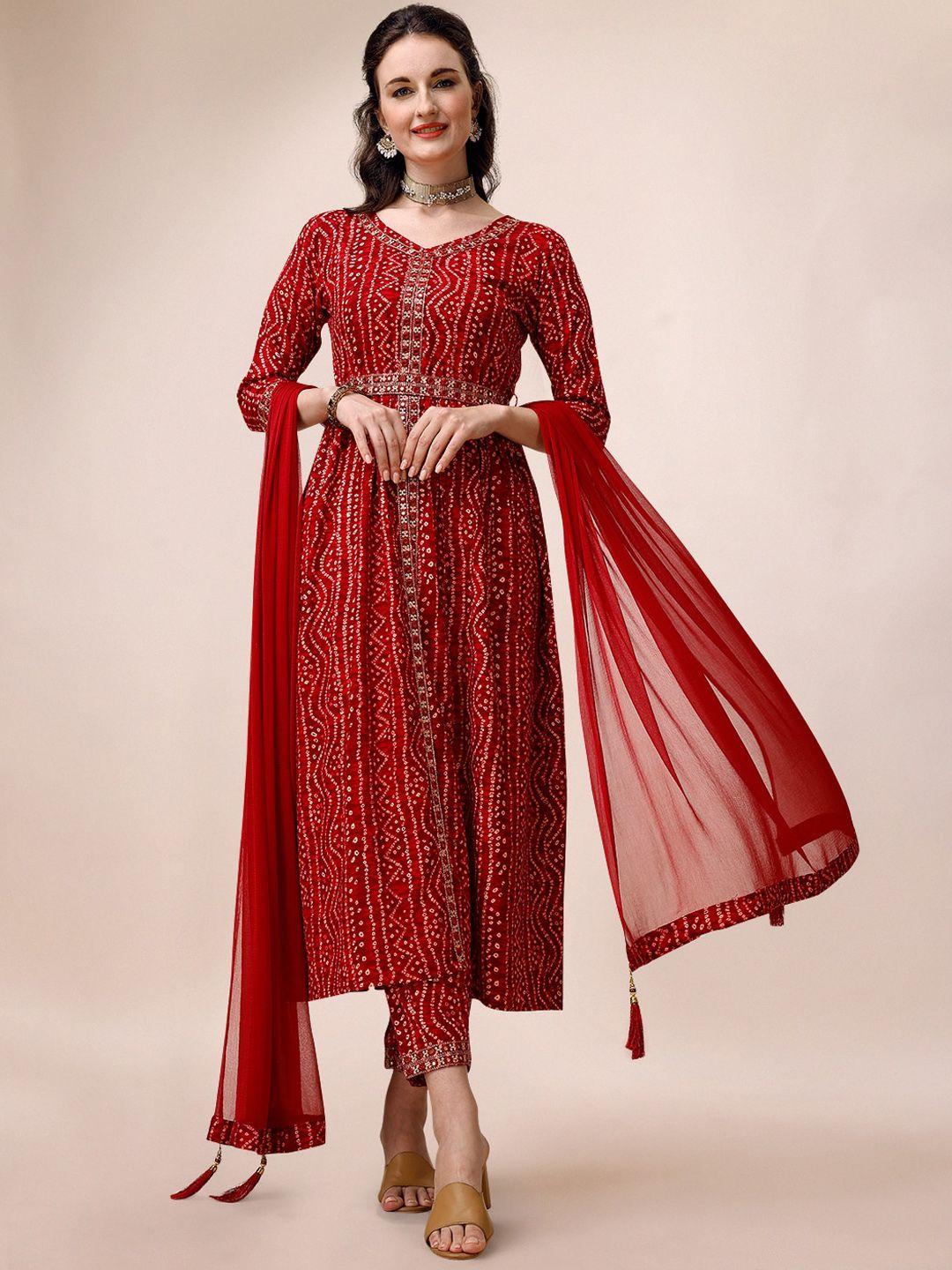berrylicious women red bandhani printed high slit kurta with trousers & with dupatta