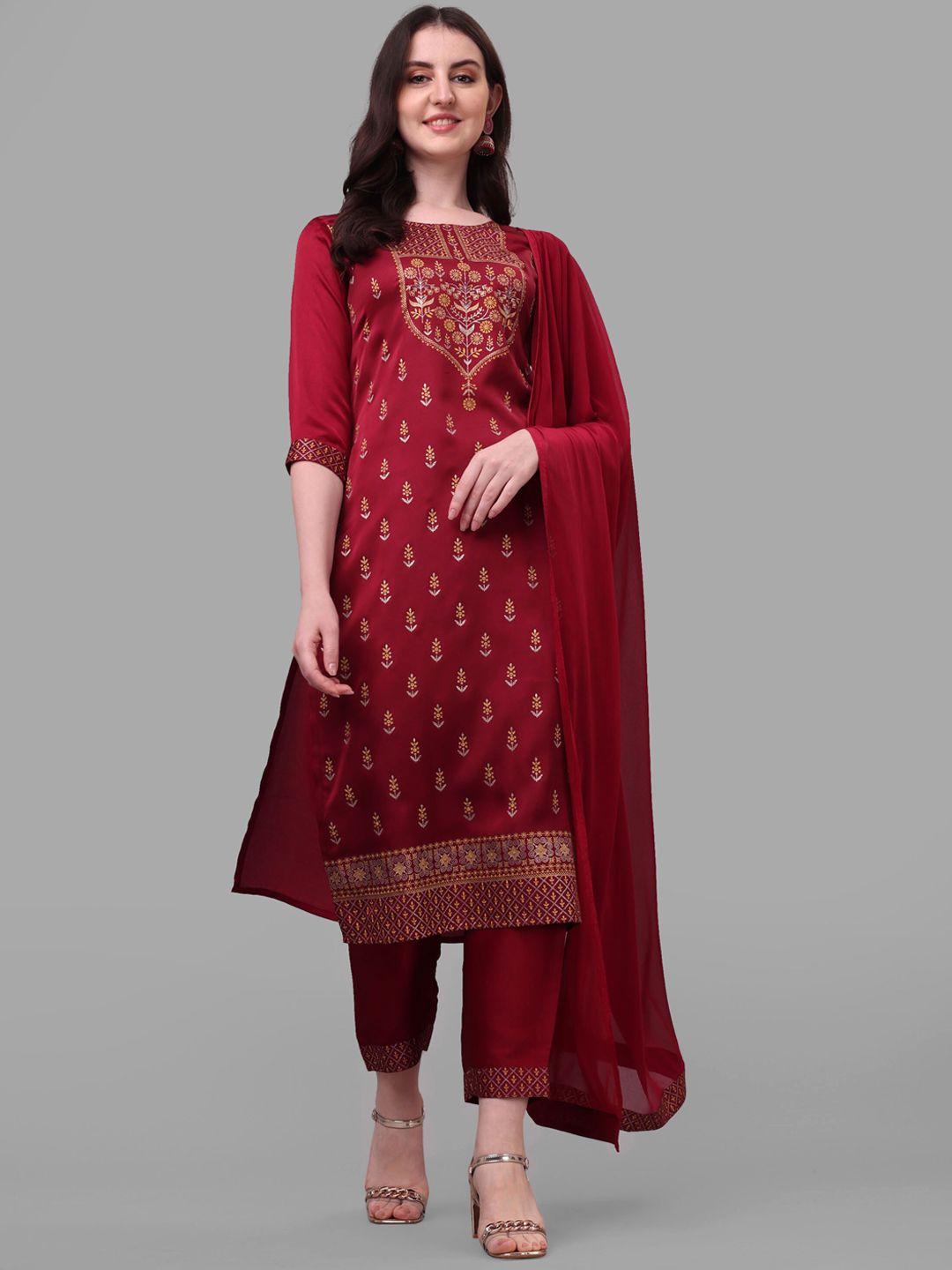 berrylicious women red floral printed kurta with trousers & with dupatta