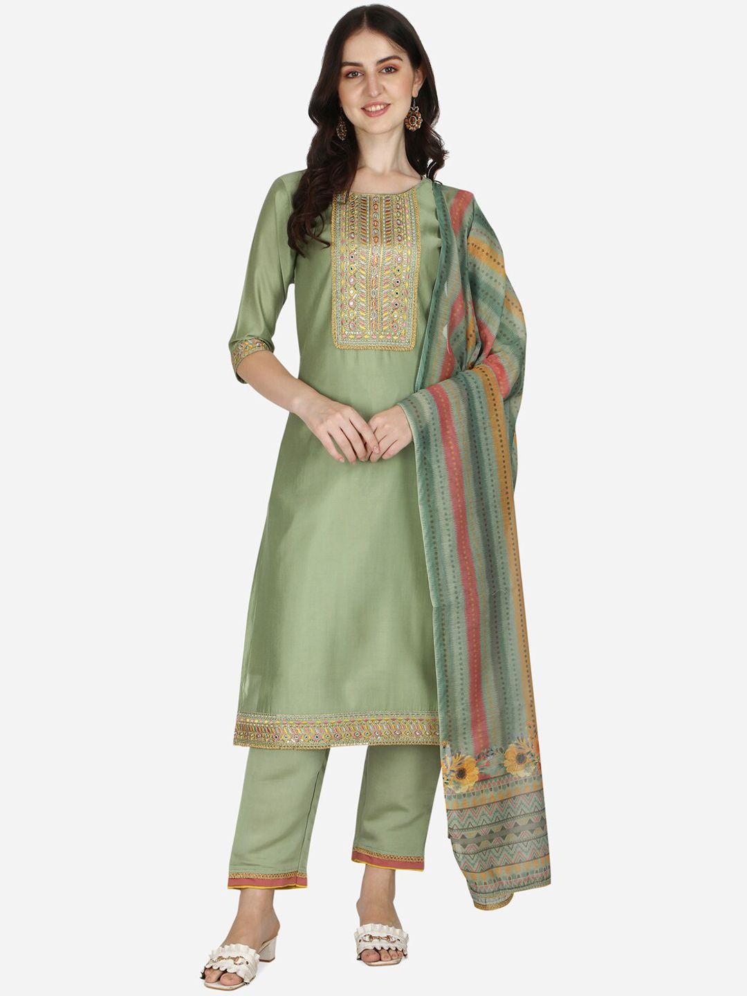 berrylicious women sea green floral yoke design thread work kurta with trousers & dupatta