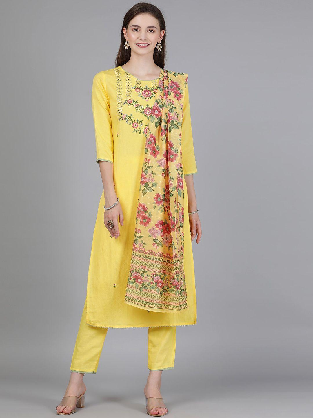 berrylicious women yellow floral embroidered kurta with trousers & dupatta