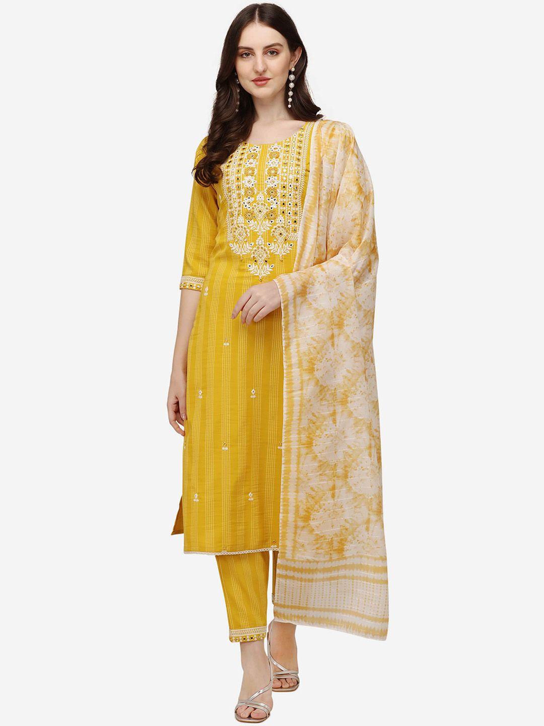 berrylicious women yellow floral embroidered pure cotton kurta with trousers & with dupatta