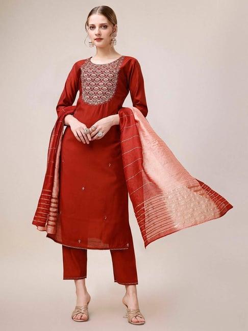 berrylicious women yoke embroidered kurta with pant & dupatta set