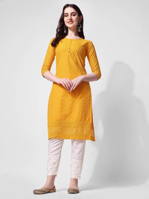 berrylicious yellow & white embroidered kurta pant set
