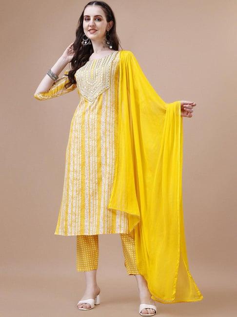 berrylicious yellow cotton printed kurta pant set with dupatta