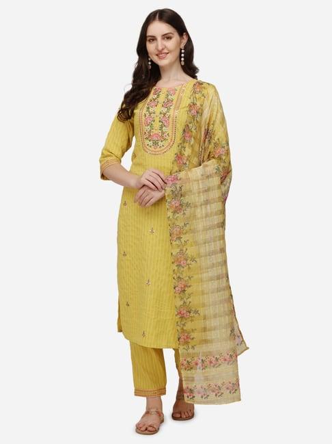 berrylicious yellow embroidered kurta with pants & dupatta