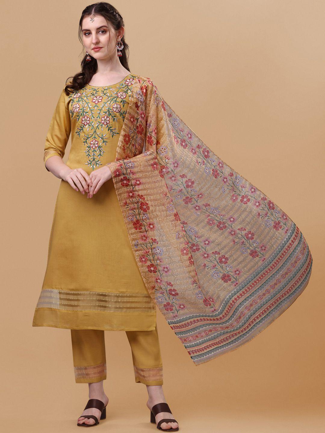 berrylicious yellow embroidered thread work chanderi cotton kurta with trousers & dupatta