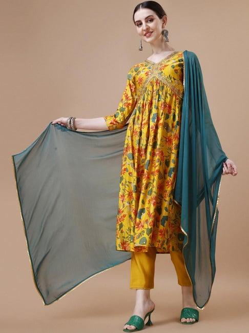 berrylicious yellow printed kurta pant set with dupatta