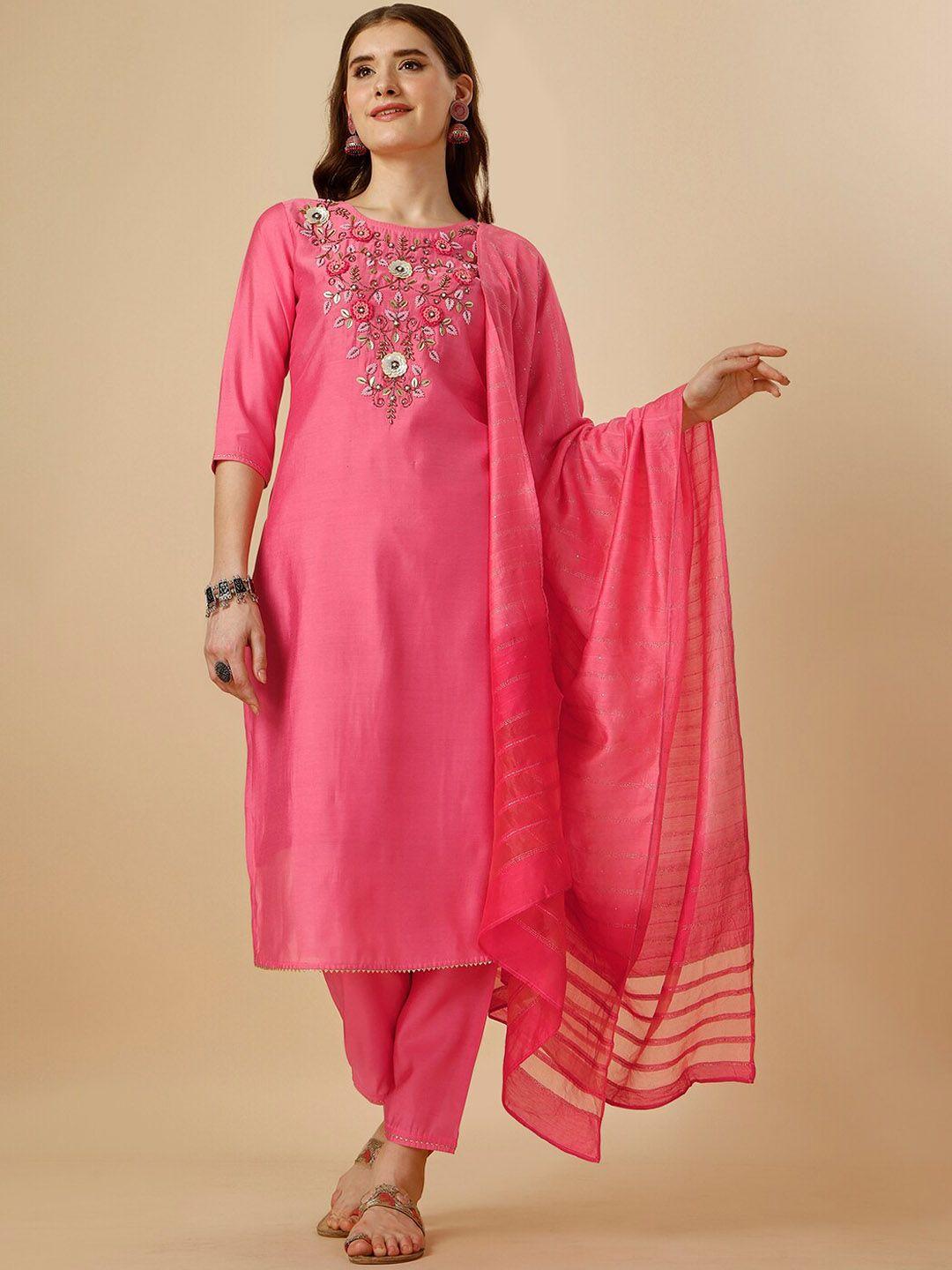 berrylicious yoke design beads and stones chanderi cotton kurta with trousers & dupatta