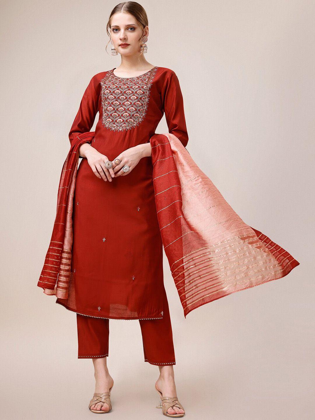 berrylicious yoke design embroidered chanderi cotton kurta with trousers & with dupatta