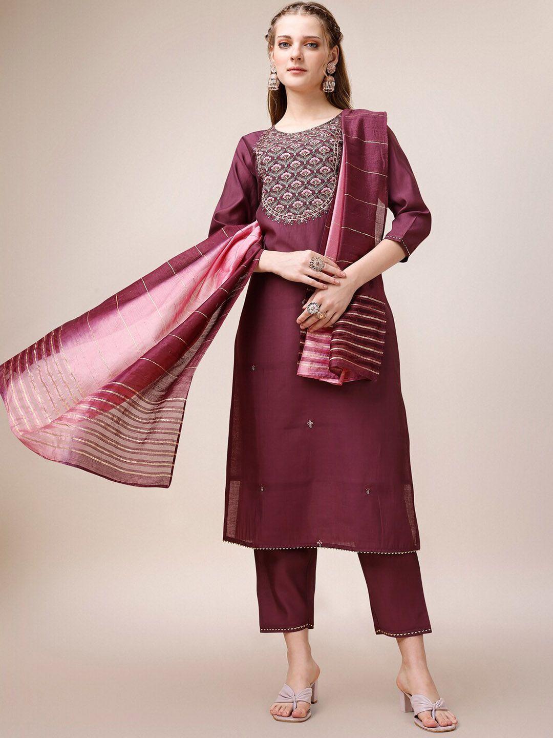 berrylicious yoke design embroidered chanderi cotton kurta with trousers & with dupatta