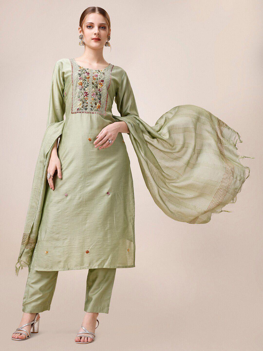 berrylicious yoke design embroidered chanderi cotton kurta with trousers & with dupatta