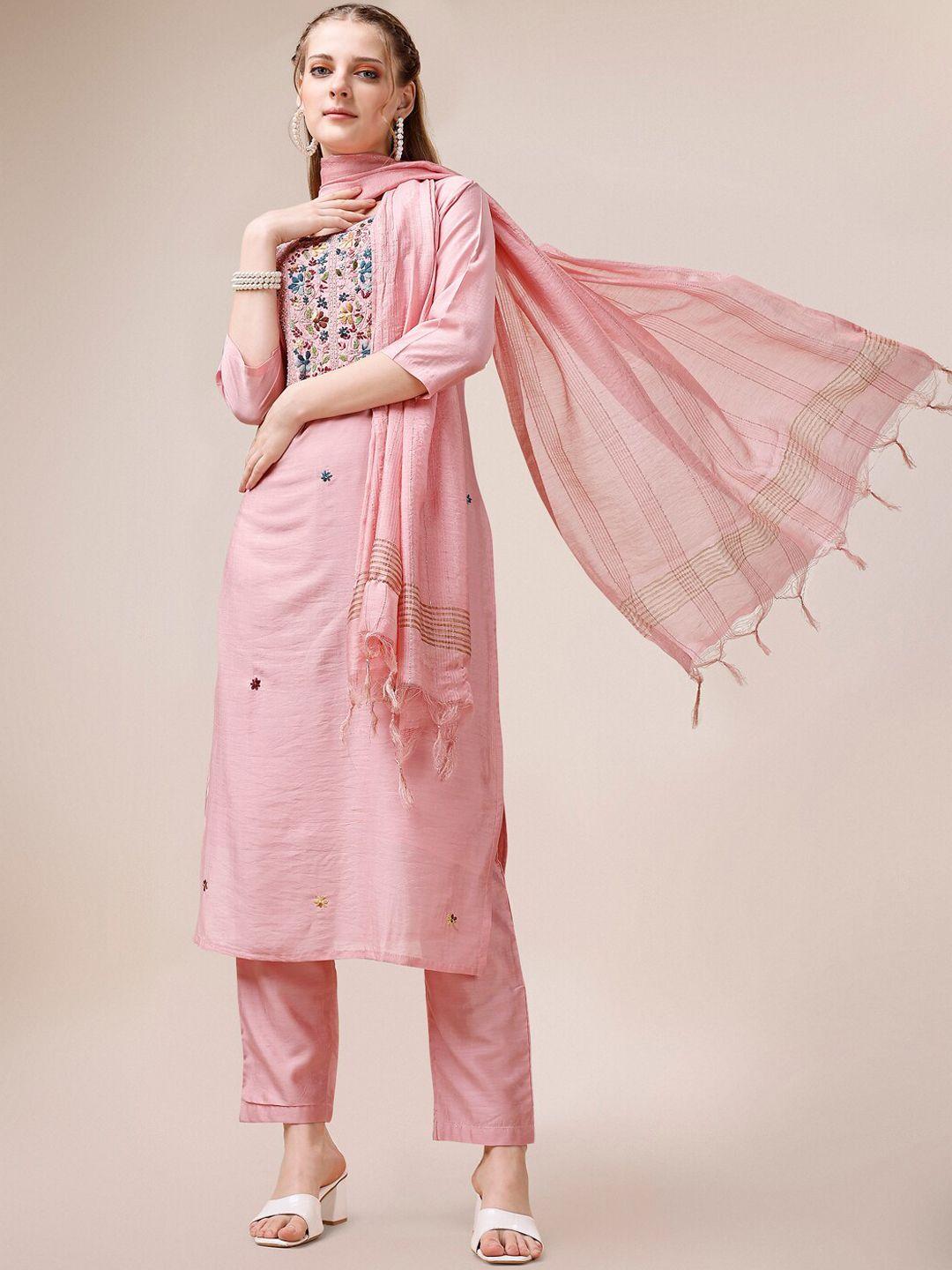 berrylicious yoke design embroidered chanderi cotton kurta with trousers & with dupatta