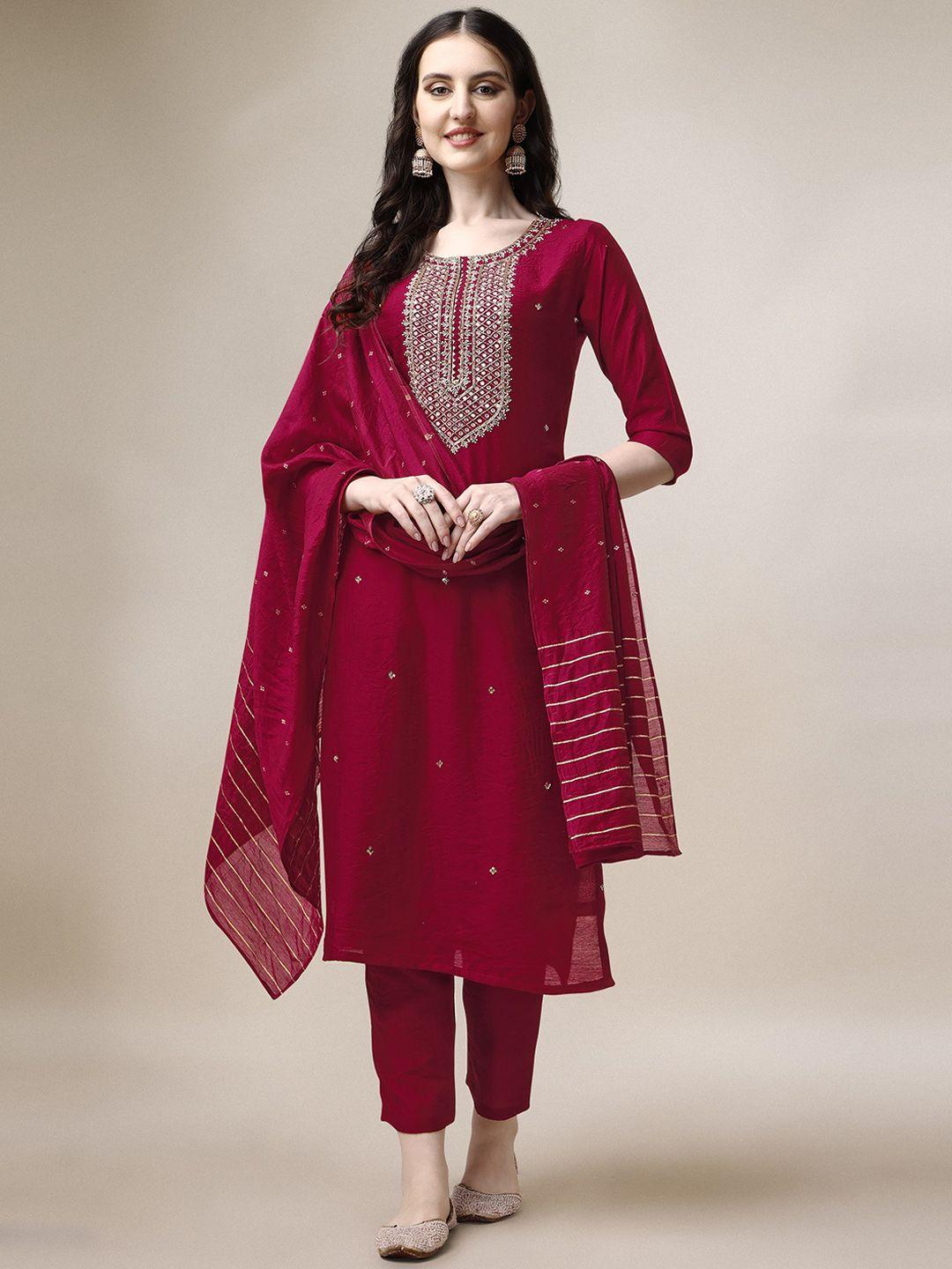 berrylicious yoke design thread work chanderi cotton kurta with trousers & dupatta