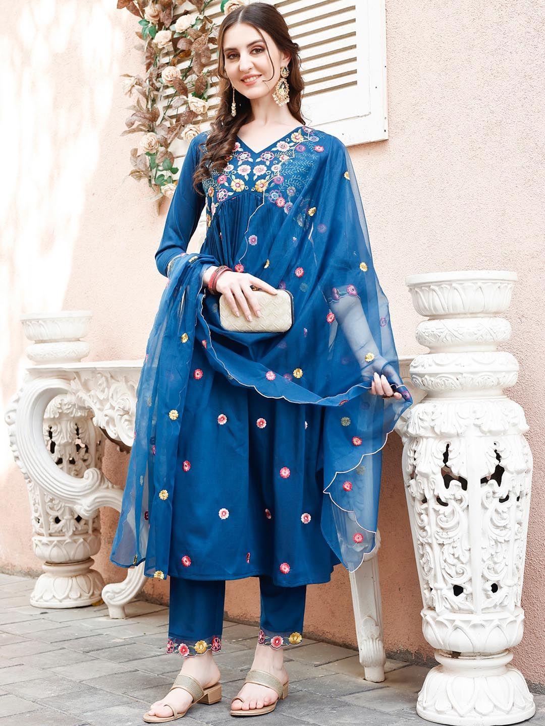 berryliciousblue floral embroidered a-line pure silk kurta with trousers & dupatta