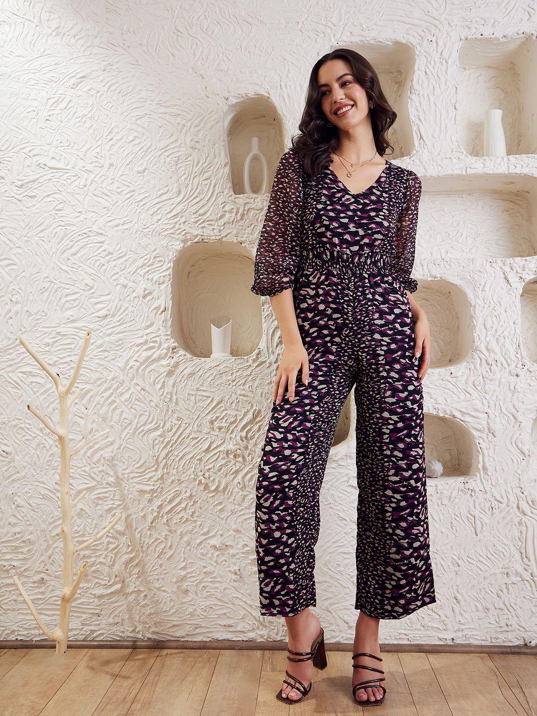 berrylush abstract printed v-neck puffed sleeves basic jumpsuit
