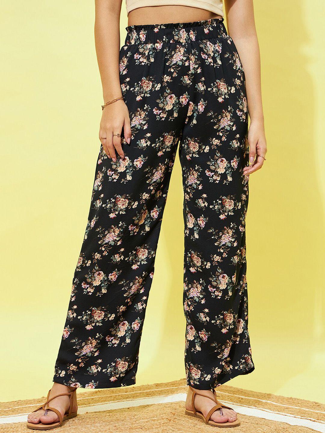 berrylush black women floral printed relaxed straight leg high-rise parallel trouser