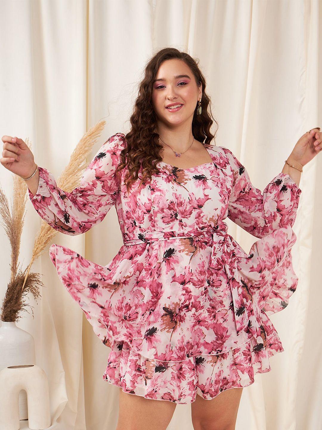 berrylush curve pink & white floral printed sweetheart neck layered playsuit mini jumpsuit