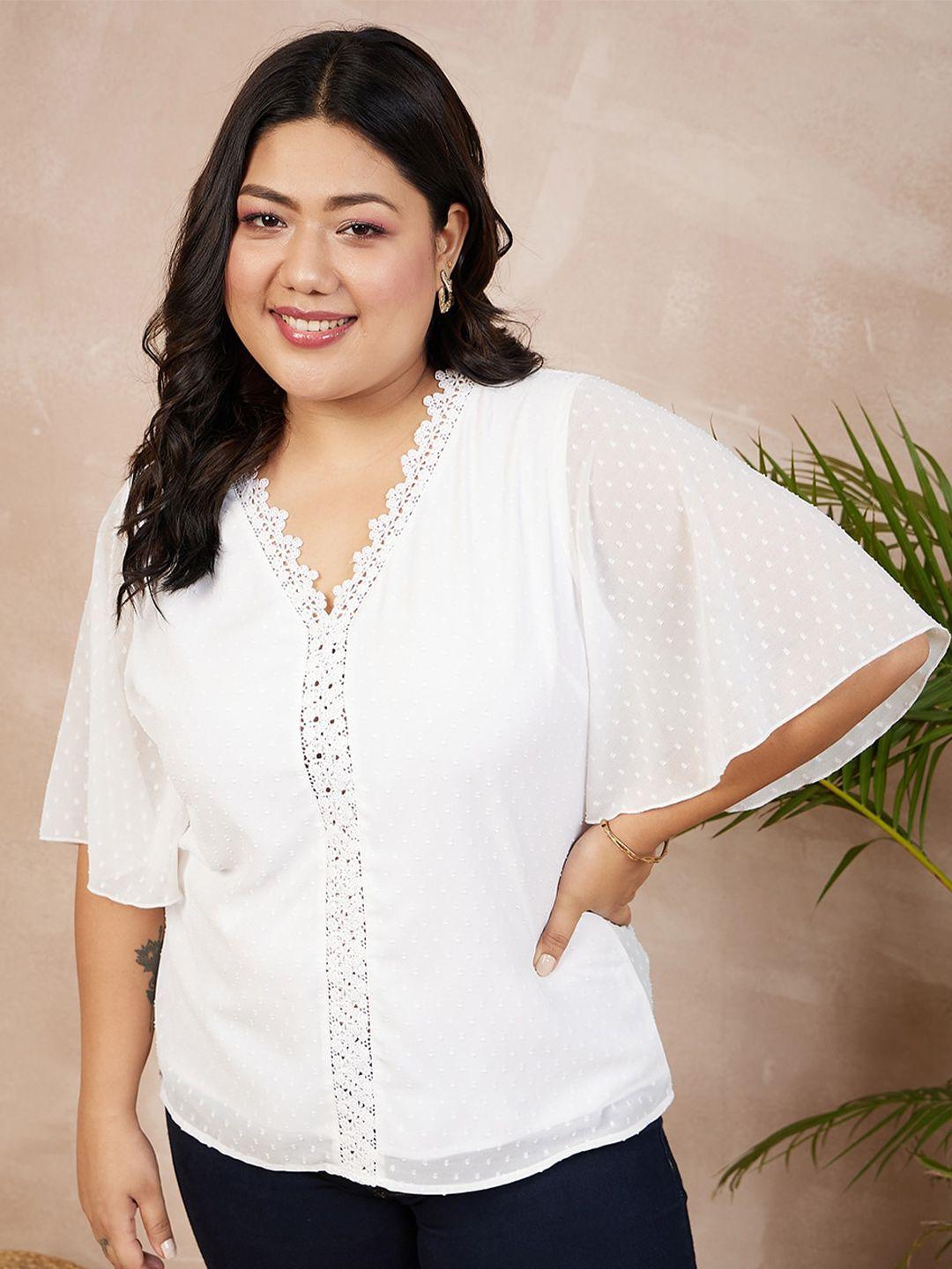berrylush curve plus size white self design flared sleeves lace up georgette top