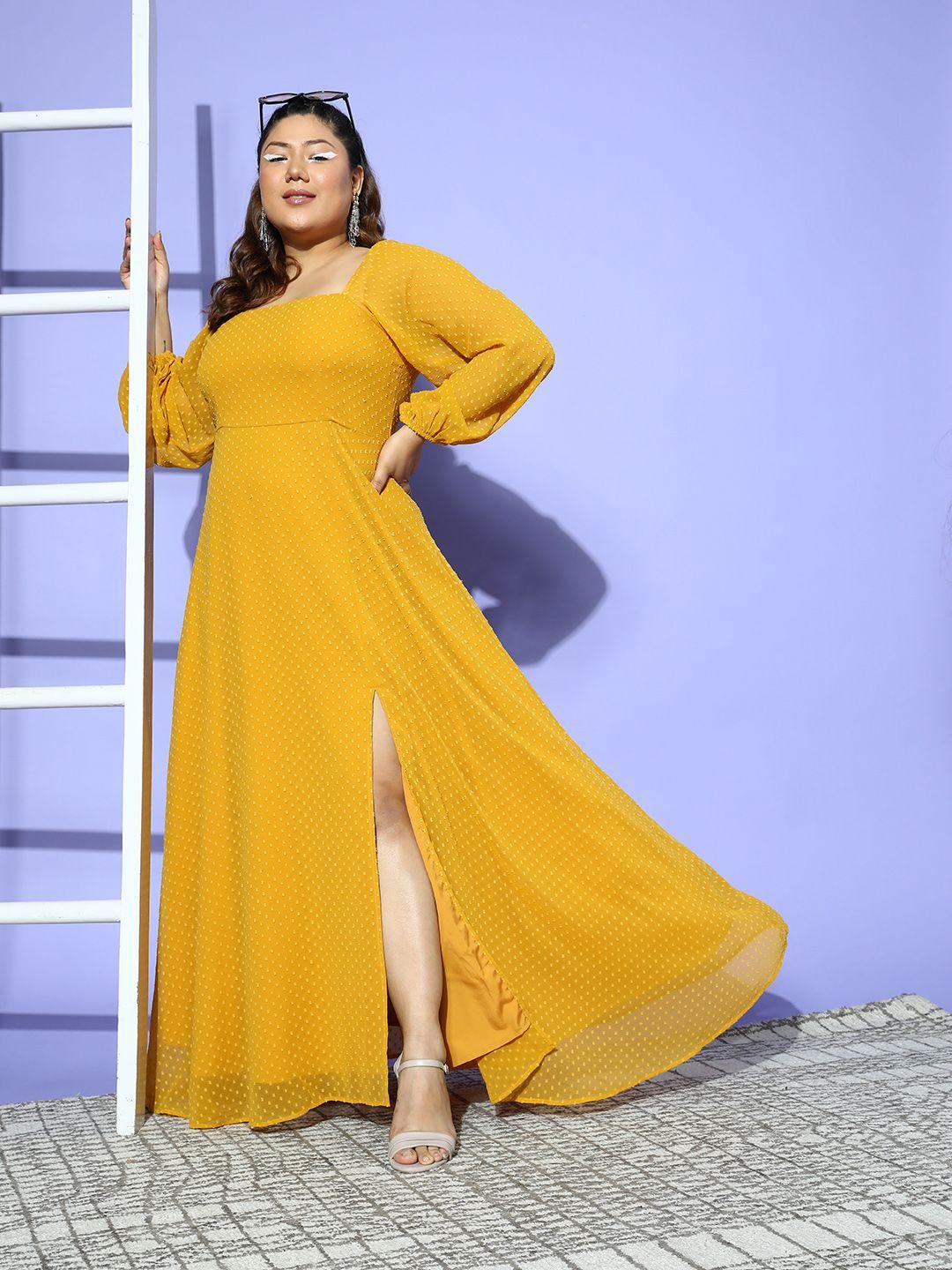 berrylush curve women mustard yellow georgette puff sleeves maxi dress with side slit