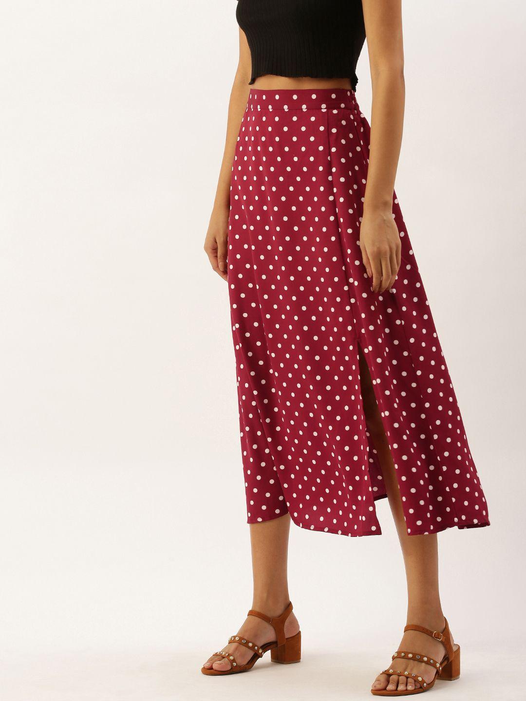 berrylush maroon & white polka print a-line midi skirt