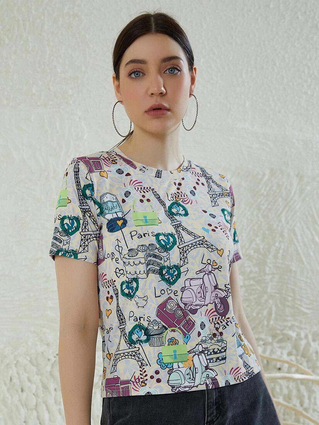 berrylush multicoloured graphic printed round neck t-shirt