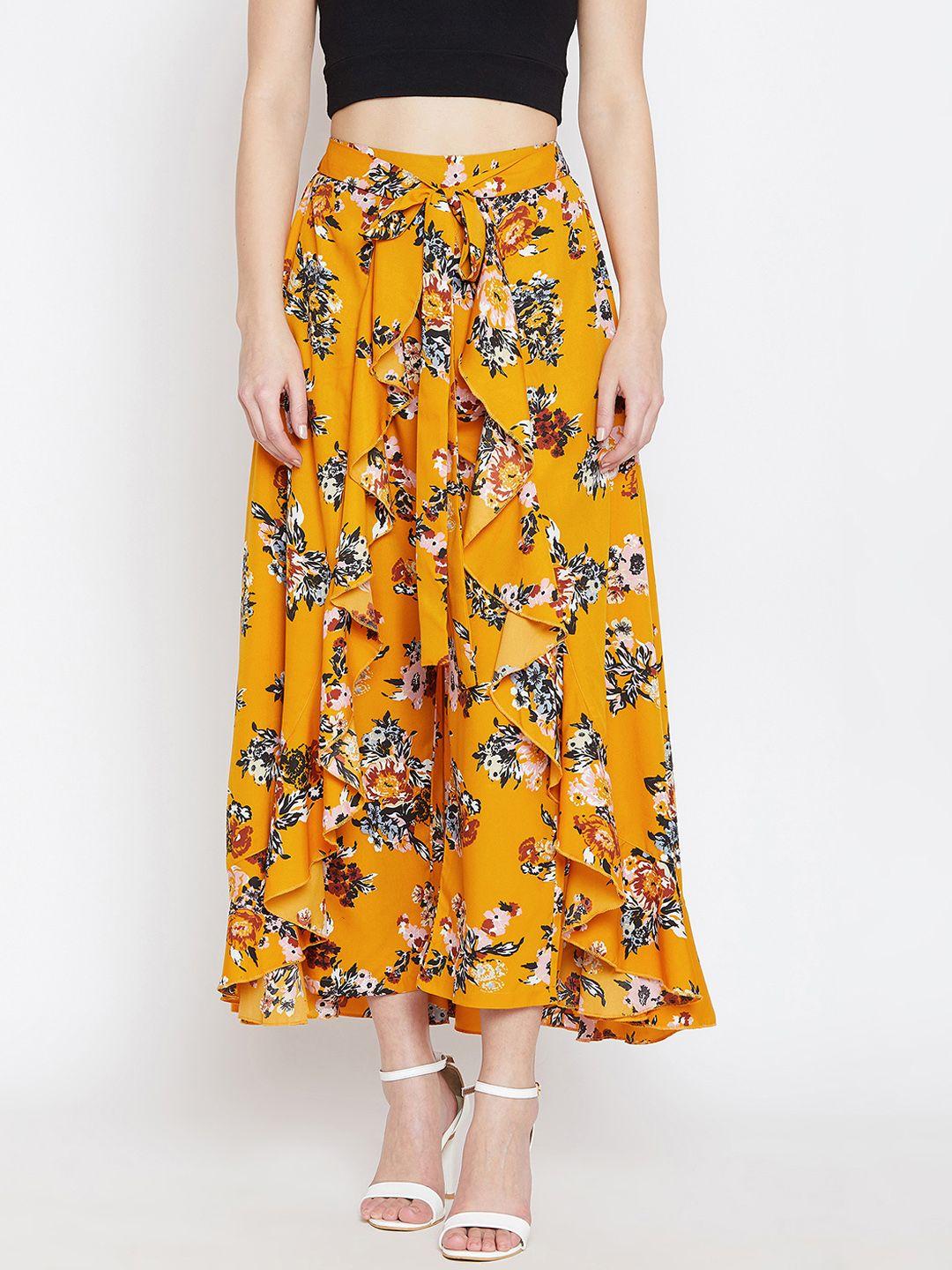 berrylush mustard yellow printed flared maxi skirt