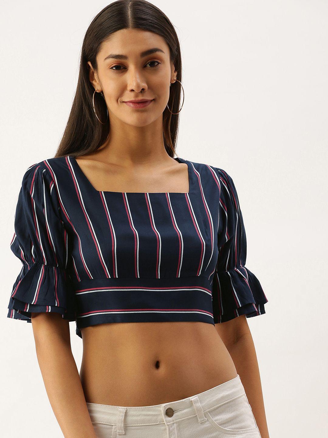 berrylush navy blue & white striped bell sleeves cinched waist crop top