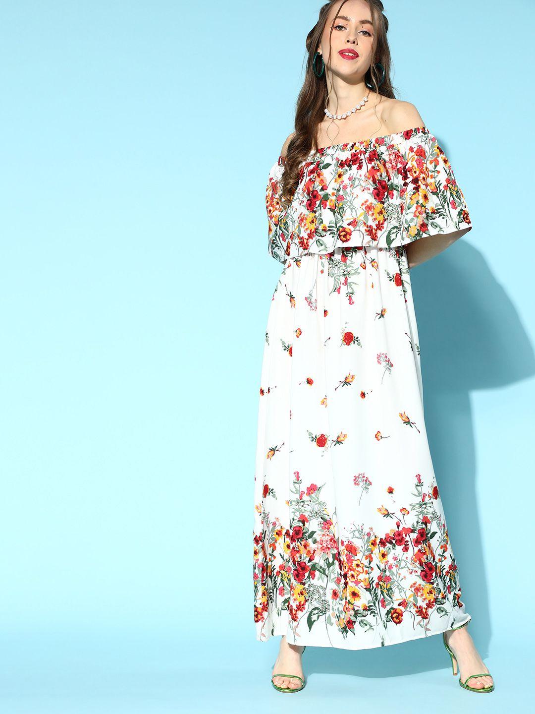 berrylush white & red floral print off-shoulder layered crepe maxi dress