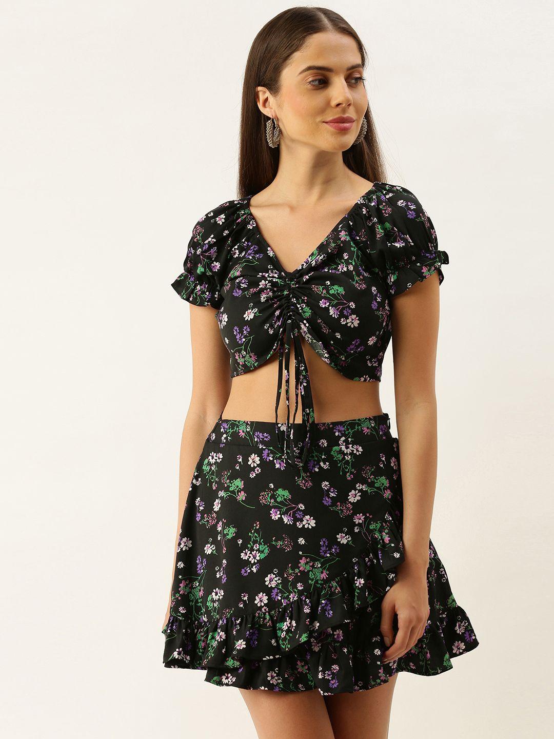 berrylush women black & purple floral printed co-ordinate sets dress