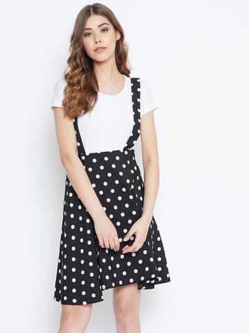 berrylush women black & white polka dot printed mid-rise flared mini skirt with shoulder straps