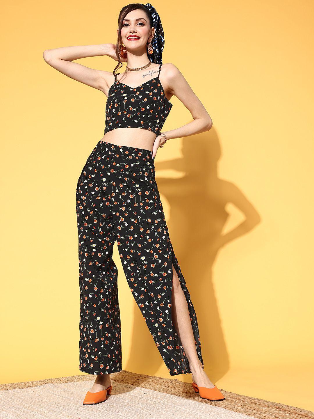 berrylush women black printed top with trousers