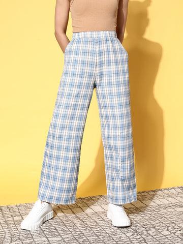 berrylush women blue & white checked pattern high-rise waist two-pocket slip-on relaxed regular trousers