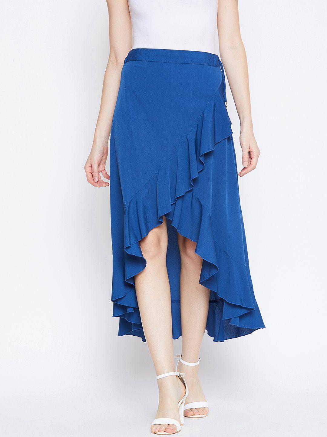 berrylush women blue solid flared midi skirt