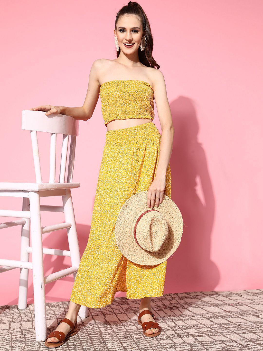 berrylush women bright yellow printed top with skirt