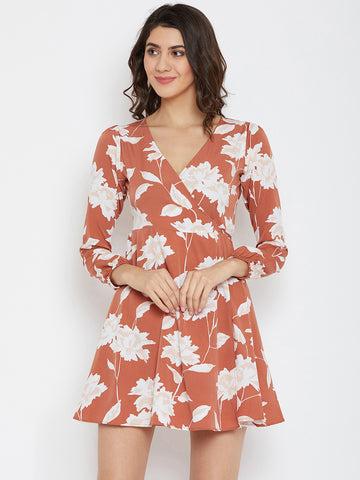 berrylush women brown & white floral printed v-neck fit & flare wrap mini dress